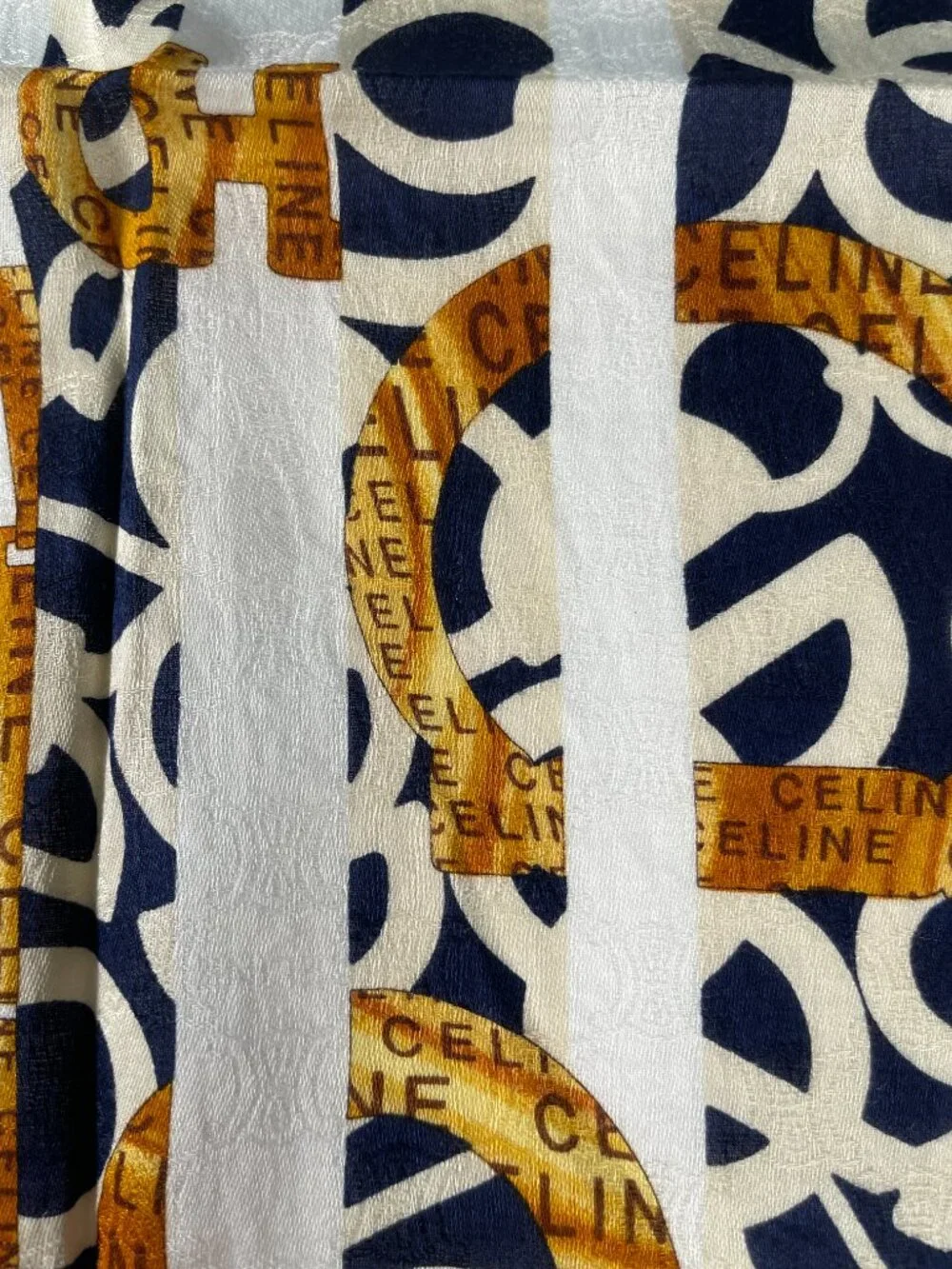 Celine Vintage Cotton Scarf Navy Ivory Gold Logo Stripe Print 22” - Picture 5 of 13